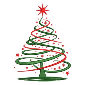 May include: A stylized Christmas tree design with green and red swirling lines, adorned with red stars and ornaments. A red star tops the tree, set against a white background. This festive design is perfect for holiday-themed crafts.