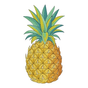 Puede incluir: Una piña amarilla con una parte superior verde y frondosa. La piña es una fruta tropical con un sabor dulce y ácido.