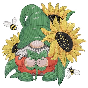 Nain avec motif de broderie tournesols et abeilles, heureux gnome avec fichier de broderie machine tournesol, broderie numérique tournesol gnome