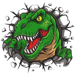 Könnte beinhalten: Ein grüner Tyrannosaurus Rex bricht durch eine Wand, mit scharfen Zähnen und Krallen. Der Dinosaurier hat einen roten Mund und gelbe Augen, mit einem braunen und beigen Körper. Die Abbildung ist im Cartoon-Stil gehalten.