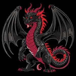Może przedstawiać: Szczegółowa ilustracja smoka z czarnymi łuskami i czerwonymi akcentami. Smok ma duże, czarne skrzydła z białymi konturami, czerwone oczy i długi, zakręcony ogon. Czarne tło.