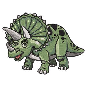 Puede incluir: Ilustración de un dinosaurio Triceratops verde, guiñando un ojo y sonriendo. Presenta cuernos blancos, un volante con púas blancas y manchas negras en la espalda. El dinosaurio está representado de pie sobre cuatro patas.