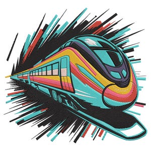 May include: A colorful illustration of a high-speed train. The train is depicted in shades of blue, yellow, pink, and red, with a black and teal burst effect surrounding it. The image has a modern, graphic style.