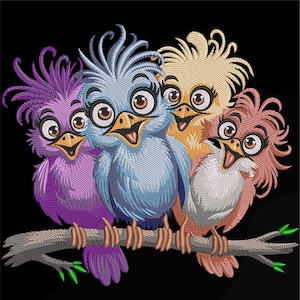 Quirky Birds on a Branch Embroidery Design, Cute Farm Animal embroidery File, Crazy Bird Machine Embroidery Design