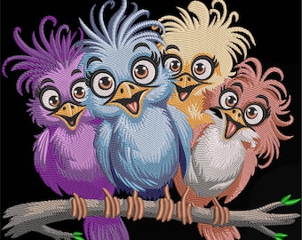 Quirky Birds on a Branch Embroidery Design, Cute Farm Animal embroidery File, Crazy Bird Machine Embroidery Design