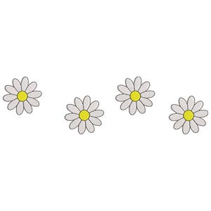 May include: Four embroidered daisy flowers with white petals and yellow centers are arranged horizontally against a white background. The daisies are detailed with stitched lines, giving them a textured appearance.