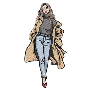 May include: Embroidered illustration of a woman in a tan coat, gray turtleneck, and light blue jeans. The woman is wearing red shoes. The artwork has a fashion theme.