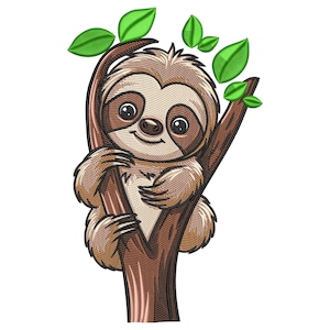 Peut inclure: Un paresseux de dessin animé à fourrure brune est suspendu à une branche d'arbre avec des feuilles vertes. Le paresseux a une expression joyeuse sur son visage.
