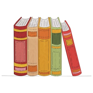 May include: An embroidered design of five colorful books. The books are in shades of red, orange, yellow, and green. The books are standing upright, with one leaning against the others. The design is on a white background.