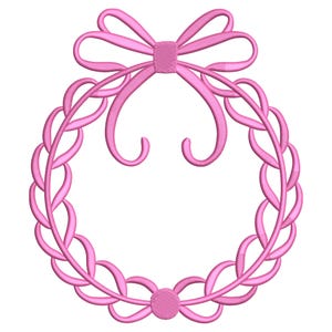 Pink Ribbon Wreath Frame Embroidery Design, Ribbon Crest Frame Embroidery File, Bow Wreath Crest Frame Embroidery File