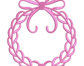 Pink Ribbon Wreath Frame Embroidery Design, Ribbon Crest Frame Embroidery File, Bow Wreath Crest Frame Embroidery File