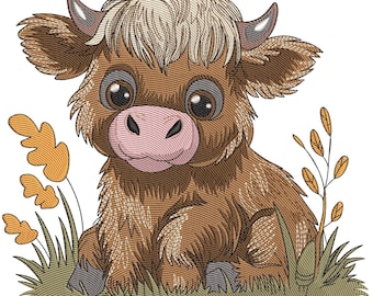 Schattige Highland Cow-borduurontwerp, baby Highland Cow-borduurontwerp, borduurbestand boerderijdieren