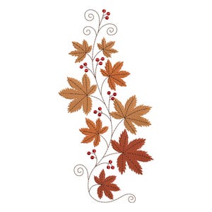 May include: An embroidered design featuring autumn leaves and berries. The leaves are in shades of brown and orange, with intricate stitching details. Red berries are interspersed along the vine, and the design has a white background.