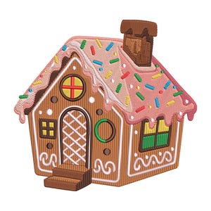 Könnte beinhalten: Ein Lebkuchenhaus mit einem rosa glasierten Dach, das mit bunten Streuseln bestreut ist. Das Haus hat einen braunen Schornstein, ein rundes Fenster mit rotem Kreuz und einen grünen Kranz. Die Tür hat ein weißes Gittermuster.