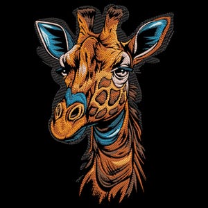 Op de afbeelding: Een close-up van een giraffenkop met een blauwe en bruine gepatenteerde nek. De giraffe heeft een bruin en oranje gepatenteerd gezicht met een blauwe neus en grote, donkere ogen.