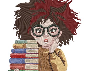Bookish Girl with Glasses Embroidery Design, Book Lover Embroidery File, Bookish Machine Embroidery Designs