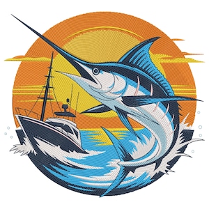 May include: An embroidered design featuring a marlin leaping from the ocean, with a fishing boat in the background. The scene is set against a sunset with orange and yellow hues. The marlin is blue and white.