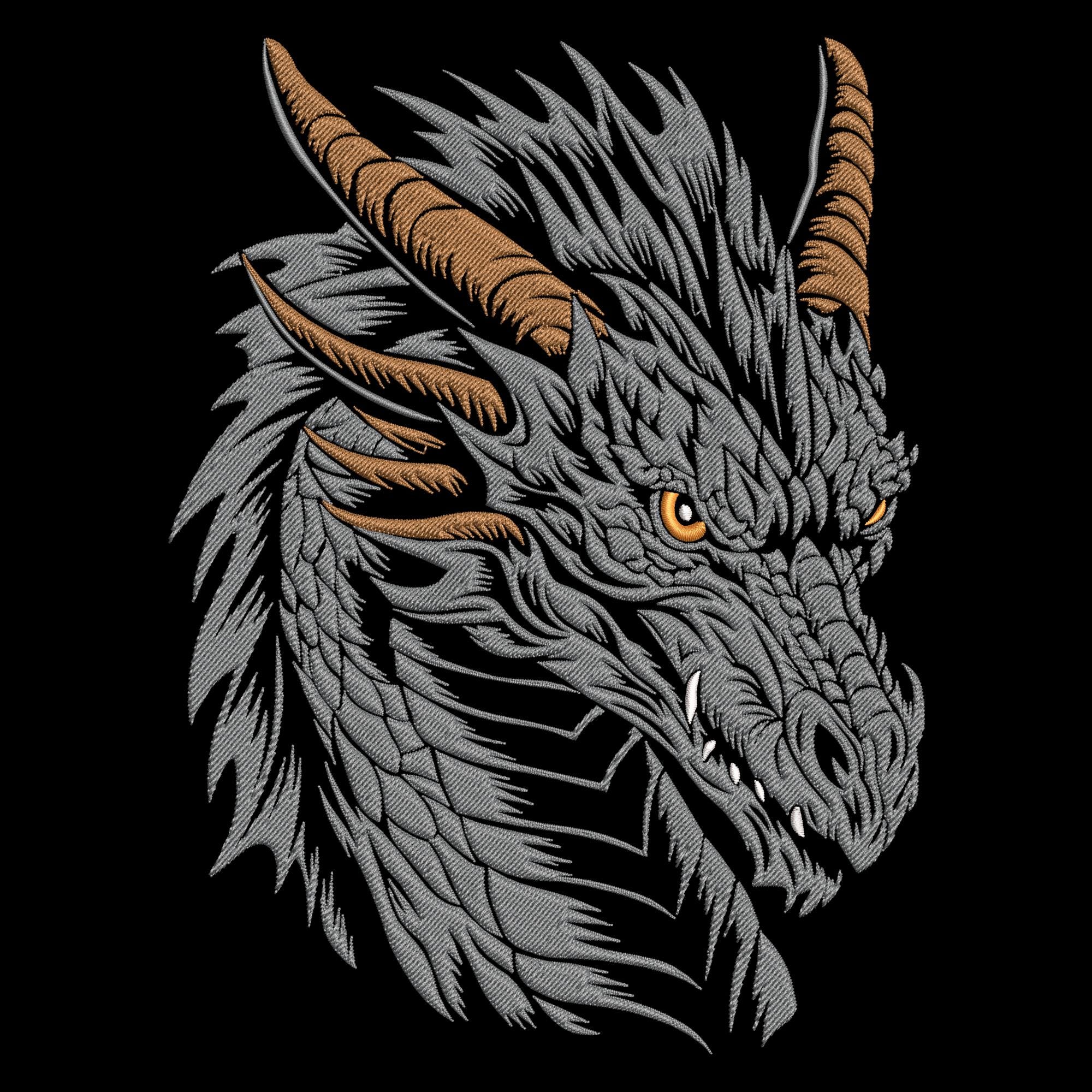 激しいドラゴンの頭の刺繍デザイン、魔法の動物の顔の機械刺繍