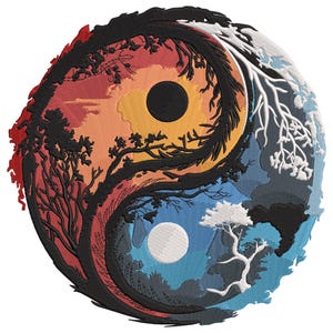 May include: A yin yang symbol with a black and white design. The yin side is red and orange with a black sun, while the yang side is blue and gray with a white moon. Both sides feature stylized trees.