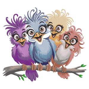 Eigenzinnige vogels op een tak borduurontwerp, schattig boerderijdier borduurbestand, Crazy Bird machineborduurontwerp