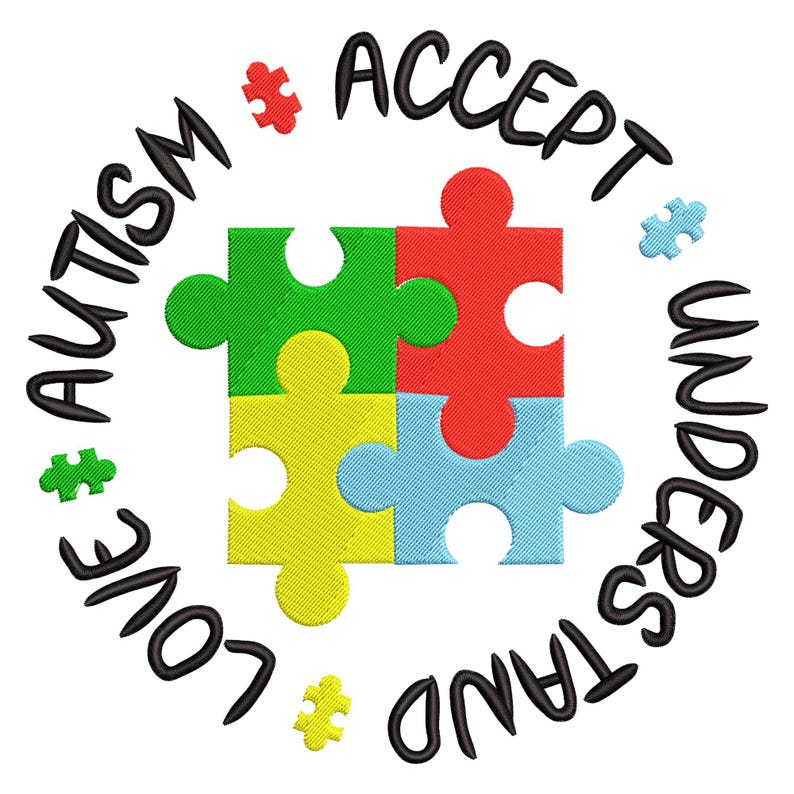 May include: A circular design with the words "Love, Accept, Understand, Autism" surrounding a puzzle piece made up of four pieces in the colors red, green, yellow, and blue.