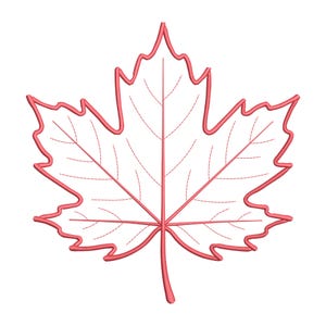 May include: A detailed, stylized illustration of a maple leaf. The leaf is outlined in a reddish-pink color, with the veins and edges also in the same hue. The design is clean and simple, perfect for fall-themed crafts or decor.