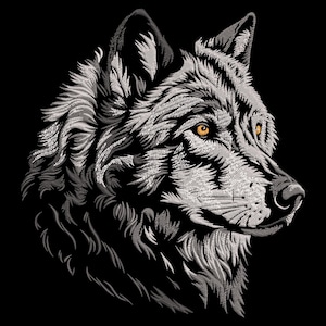 Könnte beinhalten: Nahaufnahme eines Wolfskopfes, in einem schwarz-weißen Stick-Stil dargestellt. Der Wolf hat einen ernsten Ausdruck mit durchdringenden gelben Augen.