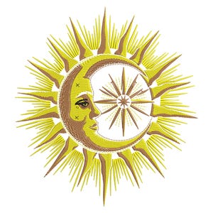Pode incluir: Um sol amarelo com uma lua crescente e uma estrela no centro. A lua tem um rosto com um olho e um sorriso.