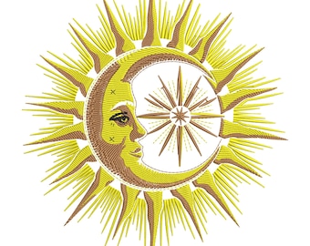 Könnte beinhalten: Eine gelbe Sonne mit einem zunehmenden Mond und einem Stern in der Mitte. Der Mond hat ein Gesicht mit einem Auge und einem Lächeln.