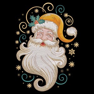 May include: Embroidered Santa Claus face with a long white beard, mustache, and a yellow hat. The design includes gold swirls, snowflakes, and holly with red berries on a black background. A festive Christmas design.
