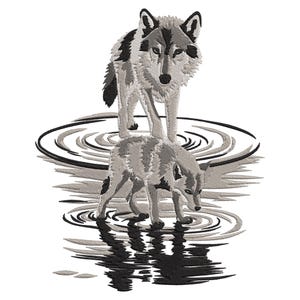 Könnte beinhalten: Ein gesticktes Design in Schwarzweiß, das zwei Wölfe zeigt, die in einem Wasserbecken stehen. Der größere Wolf steht auf einem Felsen, während der kleinere Wolf im Wasser steht. Das Wasser ist mit wirbelnden Linien dargestellt.