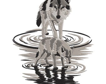 Wolf Reflection Embroidery Design, Quick Stitch Wild Wolf Embroidery File, Wild Life Embroidery Designs