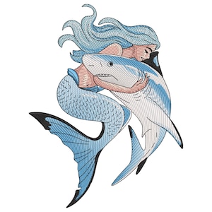 Puede incluir: Diseño bordado de una sirena abrazando a un tiburón. La sirena tiene cabello azul claro y una cola a juego. El tiburón es blanco y azul claro con un diseño detallado. La imagen está sobre un fondo blanco.