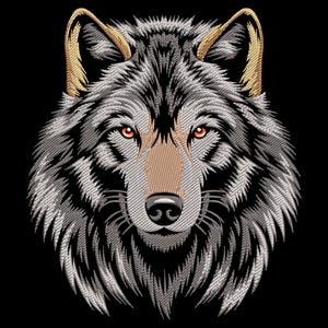 May include: A close-up of a wolf's face with a black, gray, and brown fur pattern. The wolf has orange eyes and a serious expression.