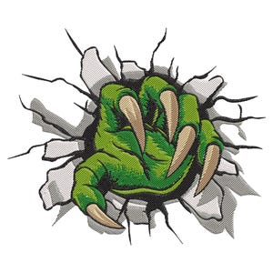 May include: A green monster claw with sharp, tan nails bursts through a gray and white cracked wall. The claw is detailed with shading, giving it a textured appearance. The design is set against a white background.