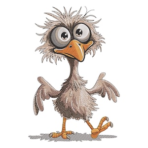 May include: A cartoon illustration of a brown and gray bird with large, round eyes and a long, orange beak. The bird has a fluffy, brown head and is standing on a gray surface.