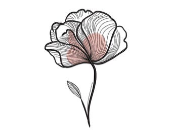 Bloemborduurontwerp, bloemen lijntekeningen machineborduurbestand, wilde bloemen weide geborduurd, lijntekeningen borduurwerk, botanische blad doodle