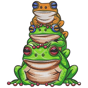 May include: Three green frogs stacked on top of each other. The top frog is orange with blue eyes. The frogs are cartoon-like and have red spots on their backs.