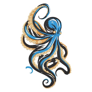 Blue and Gold Octopus Embroidery Design, Octopus with Fireflies Machine Embroidery Design, Octopus Embroidery Files