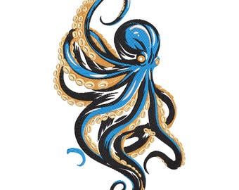 Diseño de bordado de pulpo azul y dorado, diseño de bordado a máquina de pulpo con luciérnagas, archivos de bordado de pulpo