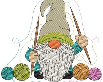 Knitting Gnome with Yarn Balls Embroidery Design, Sewing Teddy Gnome Embroidery File, Sew Machine Embroidery File, Knitting Embroidery