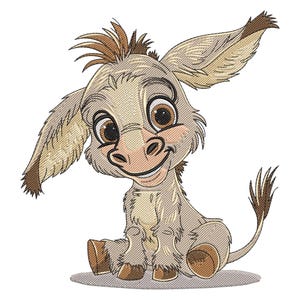 May include: A cartoon illustration of a smiling donkey in shades of tan, brown, and beige. The donkey is sitting with its legs tucked under, featuring large brown eyes, long ears, and a fluffy tail. The image has a textured, embroidered appearance.