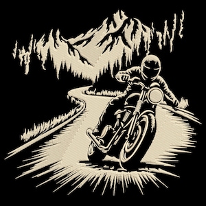 May include: A black and white illustration of a motorcyclist speeding down a winding road through a mountainous landscape.