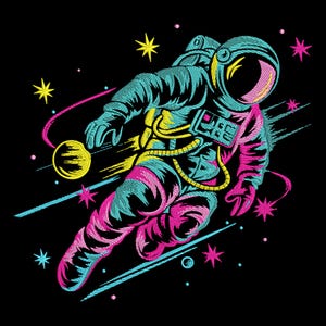 以下が含まれることがあります： ピンク、ブルー、イエローのカラーリングで描かれたカラフルな宇宙飛行士のイラスト。宇宙飛行士は、後ろに彗星の尾を引いて宇宙を飛んでいる。背景は黒で、星が散りばめられている。