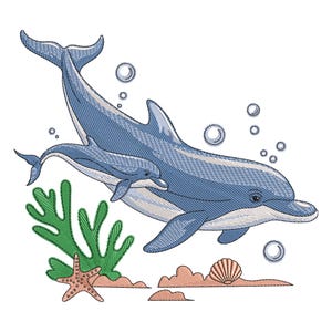May include: A blue and white dolphin with a smaller dolphin swimming beside it. The dolphins are swimming in the ocean with bubbles and seaweed. There is a starfish and a seashell on the ocean floor.