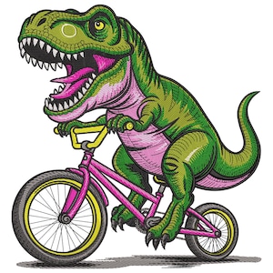 Fun-Loving T-Rex on a Bicycle Embroidery Design, dinosaur Machine embroidery File, T-rex Riding Bicycle Embroidery