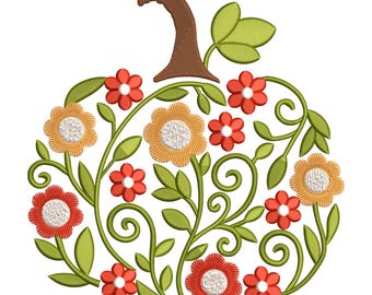 Floral Pumpkin Embroidery Design, Fall Harvest Autumn Flowers Machine Embroidery File, Instant Download