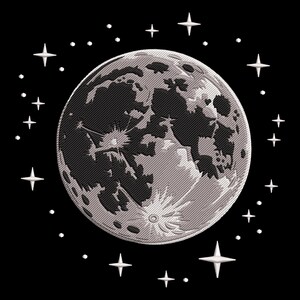 Puede incluir: Ilustración detallada de una luna llena rodeada de estrellas sobre un fondo negro. La luna está representada en tonos grises con cráteres y texturas visibles. Estrellas blancas de varios tamaños y formas rodean la luna.