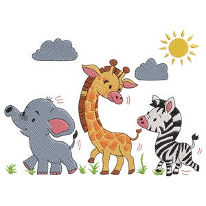 May include: A cartoon illustration of a gray elephant, a yellow giraffe, and a black and white zebra. The animals are walking together in a grassy field with a blue cloud and a yellow sun in the background.