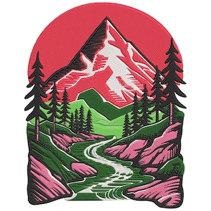 Pode incluir: Cena de montanha bordada com um sol vermelho, um pico coberto de neve e um rio sinuoso. O design apresenta colinas verdes, formações rochosas rosa e pinheiros verde-escuros, criando uma paisagem inspirada na natureza.